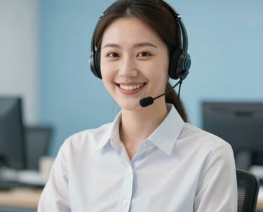 A professional portrait of a customer service representative with a headset, smiling warmly, lighting is soft and professional with brand colors #CBD5E0 in the background.