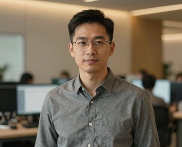 A high-quality portrait of a male data analyst in a sleek, modern tech environment, subtle #F5B041 golden accents in the lighting.