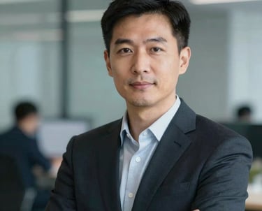 A professional portrait of a tech expert in a dark suit, looking confident, set against a blurred office background with cool #4A5568 tones.