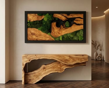 Organic wood console table with biophilic wall art in a warm modern interior.