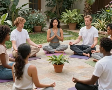 A serene garden space with people engaging in planting and smiling together under soft natural light.