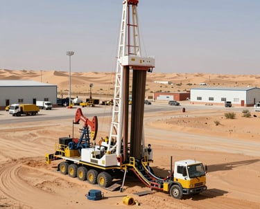 A workover rig in action with technicians performing maintenance on an oil well surrounded by lush greenery.