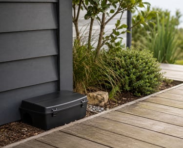 A black plastic rodent bait station placed discreetly against dark grey house siding in a garden.