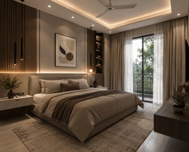 Modern luxury bedroom featuring warm cove lighting, wood wall panels, and a private balcony with garden views.
