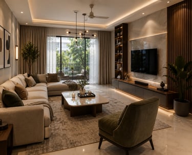Modern luxury living room with a large sectional sofa, marble wall paneling, and warm cove lighting.
