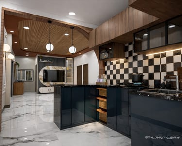 Modern luxury kitchen featuring navy blue cabinets, marble floors, and a black and white checkered backsplash.