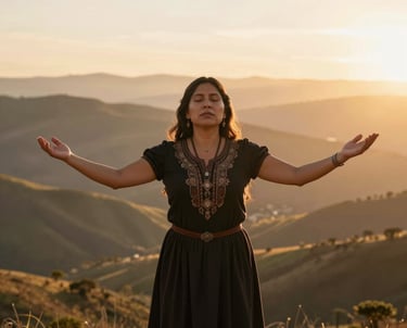 A Latin American woman standing with open arms in a majestic landscape of hills at sunrise, representing spiritual rebirth and collective wisdom, lighting is warm and ethereal, colors of tan and dark brown.