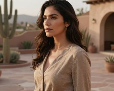 Portrait of a serene Latin American woman in an open-air stone patio with desert plants, soft morning light hitting her face, she looks insightful and empowered, sophisticated style, palette of tan and muted brown.