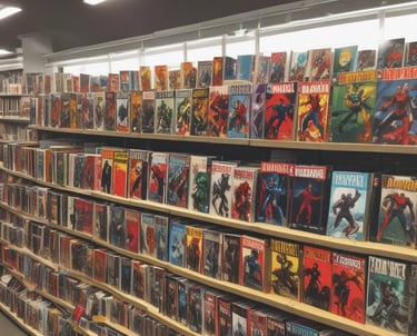 A cozy corner with shelves filled with retro video games and classic vinyl records.