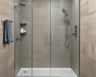 Before and after images of a stunning bathroom remodel featuring stone panel shower surrounds.