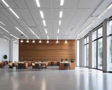 Modern apartment interior with sleek kitchen and living area under soft natural light.