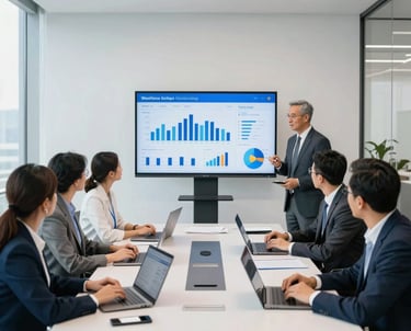 A sleek modern office setting with a consultant and client reviewing strategic plans on a laptop.