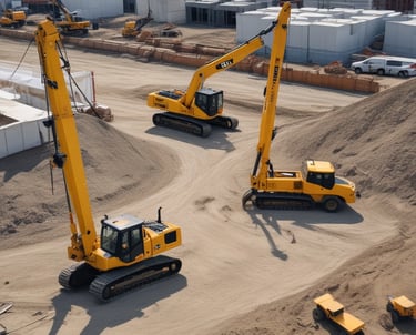 A sturdy excavator working on a sandy construction site under a clear blue sky.