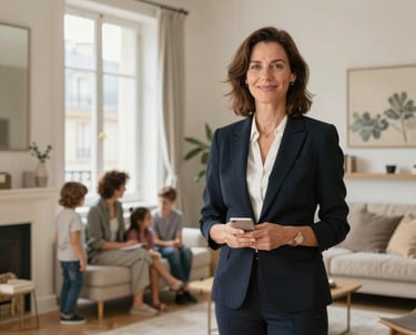 A friendly real estate agent discussing options with clients in a cozy office.