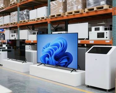A professional warehouse with organized shelves of electronics ready for shipment.