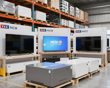 A professional warehouse with stacked electronics ready for shipment.