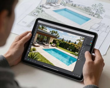 A professional landscape architect drafting 3D digital layouts of premium patios and pools on a sleek tablet device, displaying high-end design workflows.