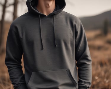 A serene flat lay of a soft hoodie draped over a wooden chair beside a steaming mug on a cozy table.