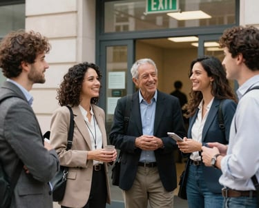 A diverse group of people engaged in a friendly conversation at a bright community center in Madrid