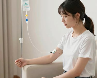 A smiling client receiving an IV infusion in a cozy home setting.