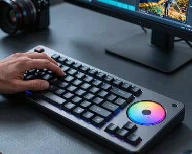 A professional video editor's hands working on a sleek mechanical keyboard and color wheel. The lighting is moody slate blue. A Brazilian film set still is on screen.