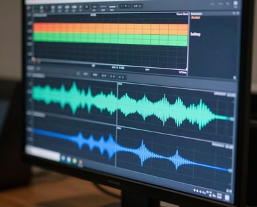 A close-up photograph of a professional monitor displaying a color spectrum and waveform monitors. Sharp focus, cinematic slate blue tones.