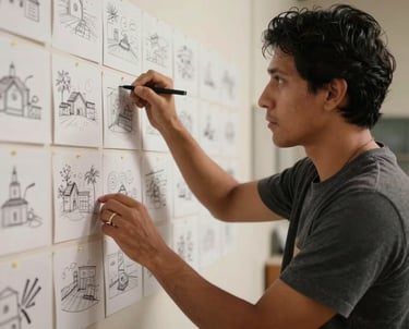 Portrait of a creative technician in a South American film studio, looking at a wall of storyboard sketches under warm, cinematic lighting. Professional and inspired look.