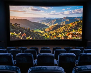 Wide shot of a cinematic screening room in a Brazilian studio, with dark blue velvet seats and a large screen glowing with a rich landscape scene.