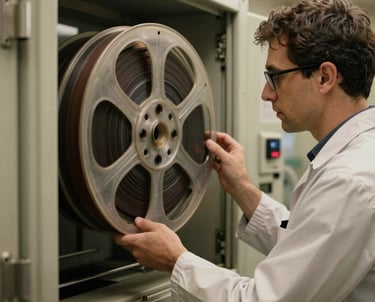 A technician checking a master film reel in a temperature-controlled vault. Cinematic lighting with sand-colored highlights.