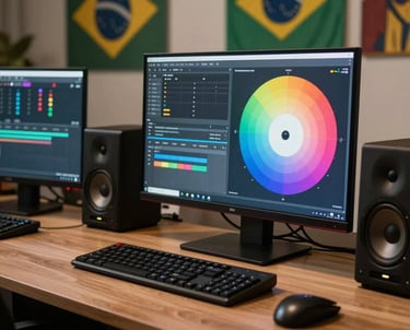 An editor's desk with multiple monitors, speakers, and a large color grading wheel. Brazilian artwork on the walls behind. Cinematic mood.