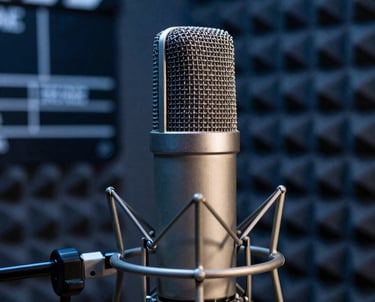 Close-up of a studio microphone in a soundproof booth. Soft focus on acoustic foam in the background. Cinematic slate blue lighting.