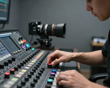 A professional colorist adjusting a dial on a control surface. Dark room with accurate gray walls. Focused atmosphere.