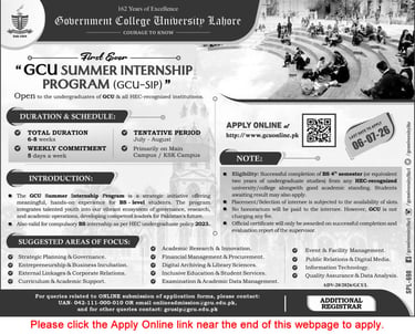 GCU Lahore Summer Internship Program 2026 advertisement for BS students