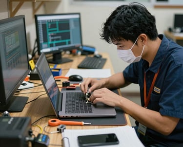 Technician repairing a laptop with various computer and network tools around in a cozy Jakarta workshop.