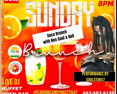 Caribbean Dynasty Soca Brunch flyer featuring a live guitarist, tropical cocktails, and event details for Baltimore.