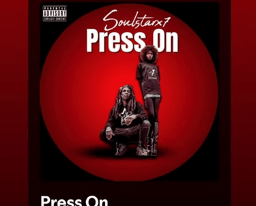 Spotify album art for Press On by Mustafa Captain Soulstar featuring two artists on a red background.