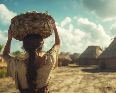 a woman in a straw hat holding a basket with bananas