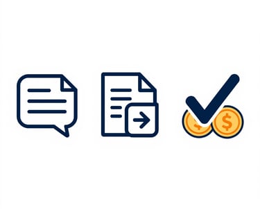 Illustration of three numbered steps with icons representing consultation, offers, and savings.