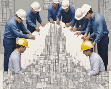 A diverse team of consultants collaborating over charts and laptops in a bright, modern office.