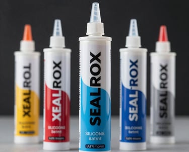 Close-up of a tube of silicone sealant being applied to a window frame.