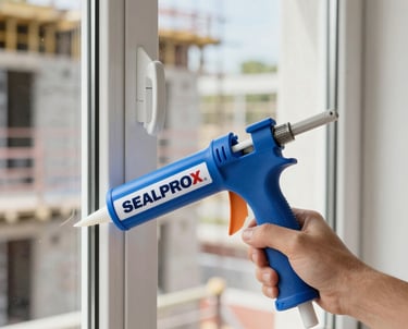 Industrial containers of sealants stacked in a warehouse.