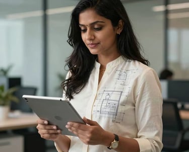 Portrait of a South Asian / Indian female lead designer in a professional off-white outfit, holding a digital tablet with kitchen blueprints in a modern office setting.