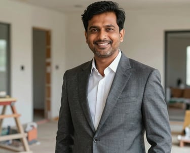 Portrait of a South Asian / Indian male project manager in professional attire, standing on-site in a high-end Pune residence under renovation, smiling.