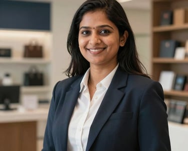 Portrait of a South Asian / Indian female client relations manager in a modern Pune showroom, welcoming with a professional smile.