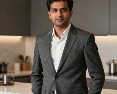 Portrait of a South Asian / Indian male founder in a professional charcoal grey suit, standing in a contemporary kitchen showroom, looking confident and approachable.
