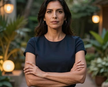 A medium shot of an elegant South American woman with a look of profound confidence and hope, standing in a lush garden at dusk lit by warm golden lamps. The atmosphere is professional and discreet.