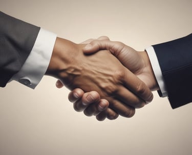 Close-up of hands shaking over a contract on a wooden table, symbolizing partnership.