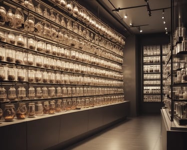 Close-up of hands mixing perfume ingredients in a lab setting.