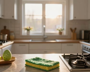 A gleaming modern kitchen bathed in warm sunset light, showcasing pristine countertops and sparkling surfaces.