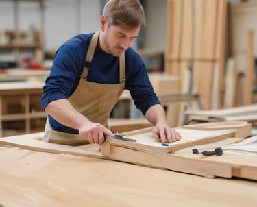 Craftsmen working carefully on a wooden bed frame in a well-equipped carpentry workshop.